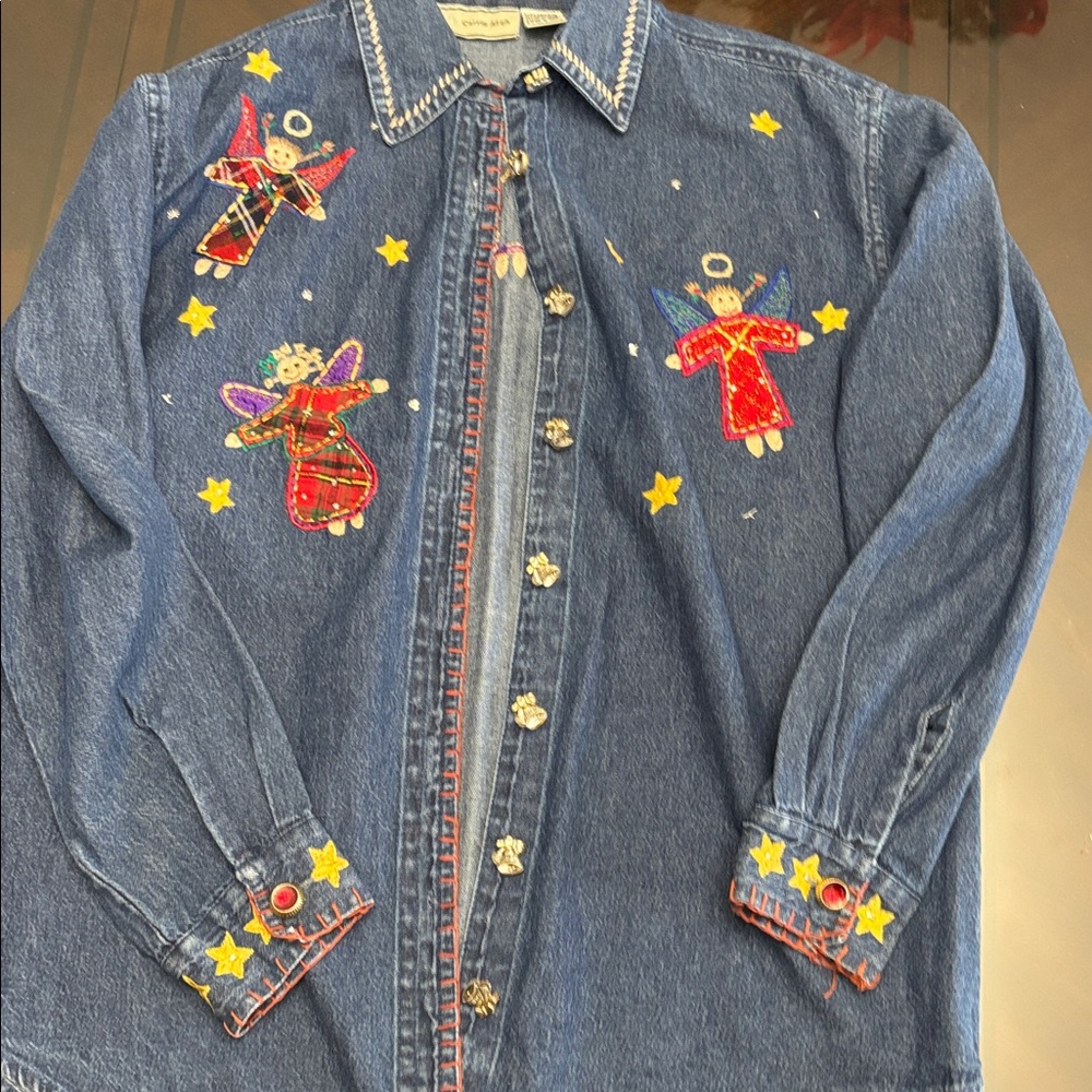 VINTAGE CHRISTMAS HOLIDAY DENIM JEAN BUTTON DOWN TOP STARS ANGELS CARRIE ALLEN